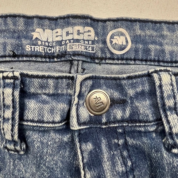 Mecca Stretch Fit Jeans Acid Crinkle Moto Lines Skinny Boys Size 14 Blue Denim - Picture 4 of 11